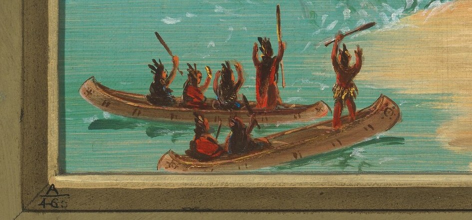 These smaller vessels provide a sense of scale and context for the main launch, suggesting indigenous presence.
