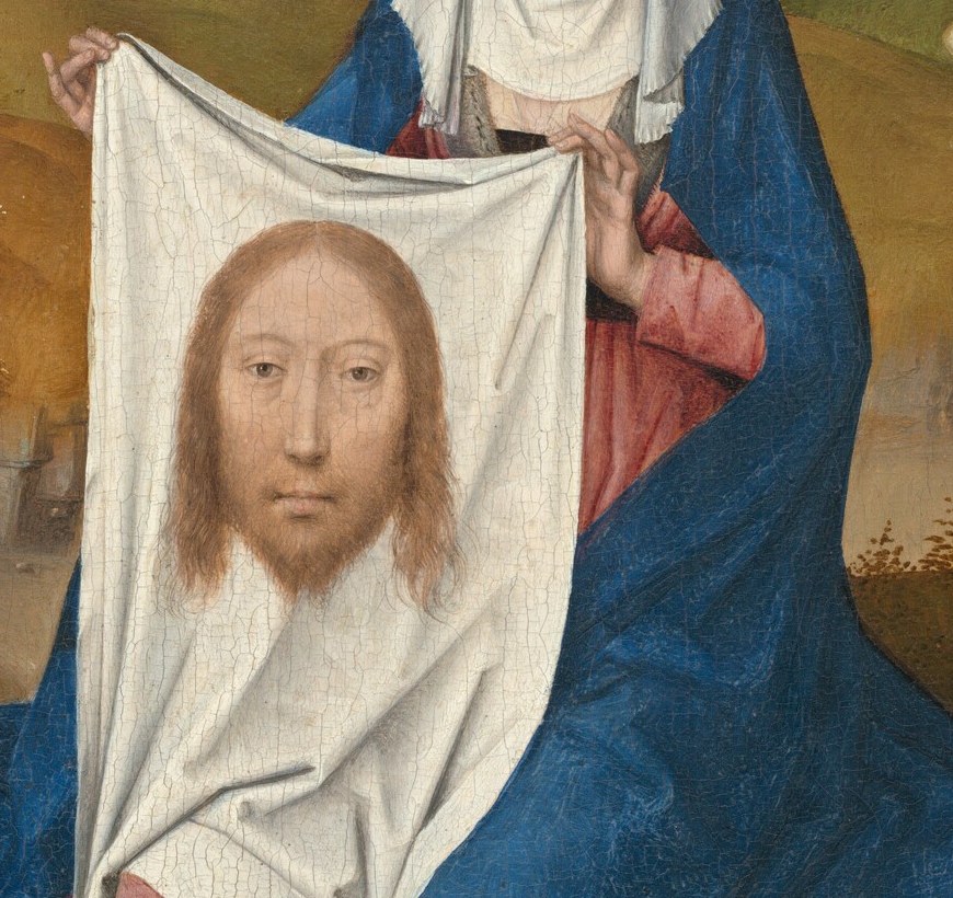 The central theological object of the whole painting , the acheiropoieton (not-made-by-hands image) that Veronica's act of compassion produced; the face conveys suffering and transcendence simultaneously.