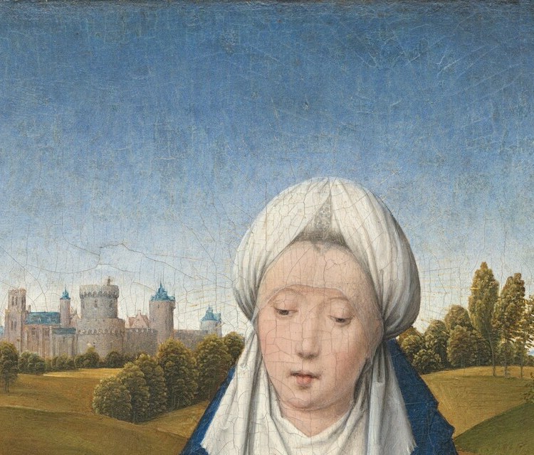 Her solemn, meditative gaze directed downward anchors the devotional mood , the viewer follows her eyes to the veil below.