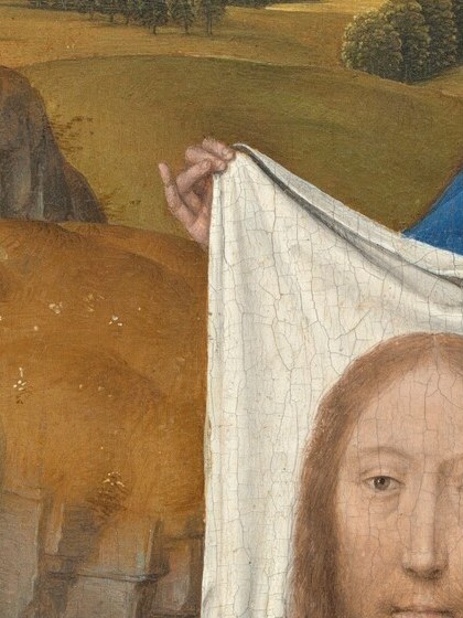 Delicately rendered fingers show the fine oil technique; the way she pinches the cloth upper corner reveals Memling's mastery of textile and flesh in a single passage.