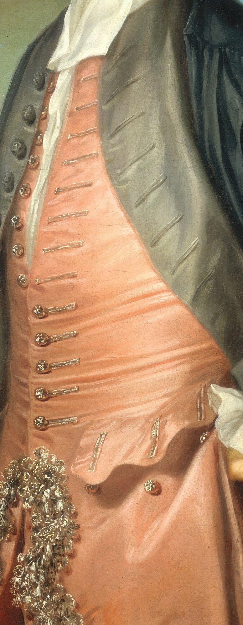 His pink waistcoat and embroidered coat show his status.