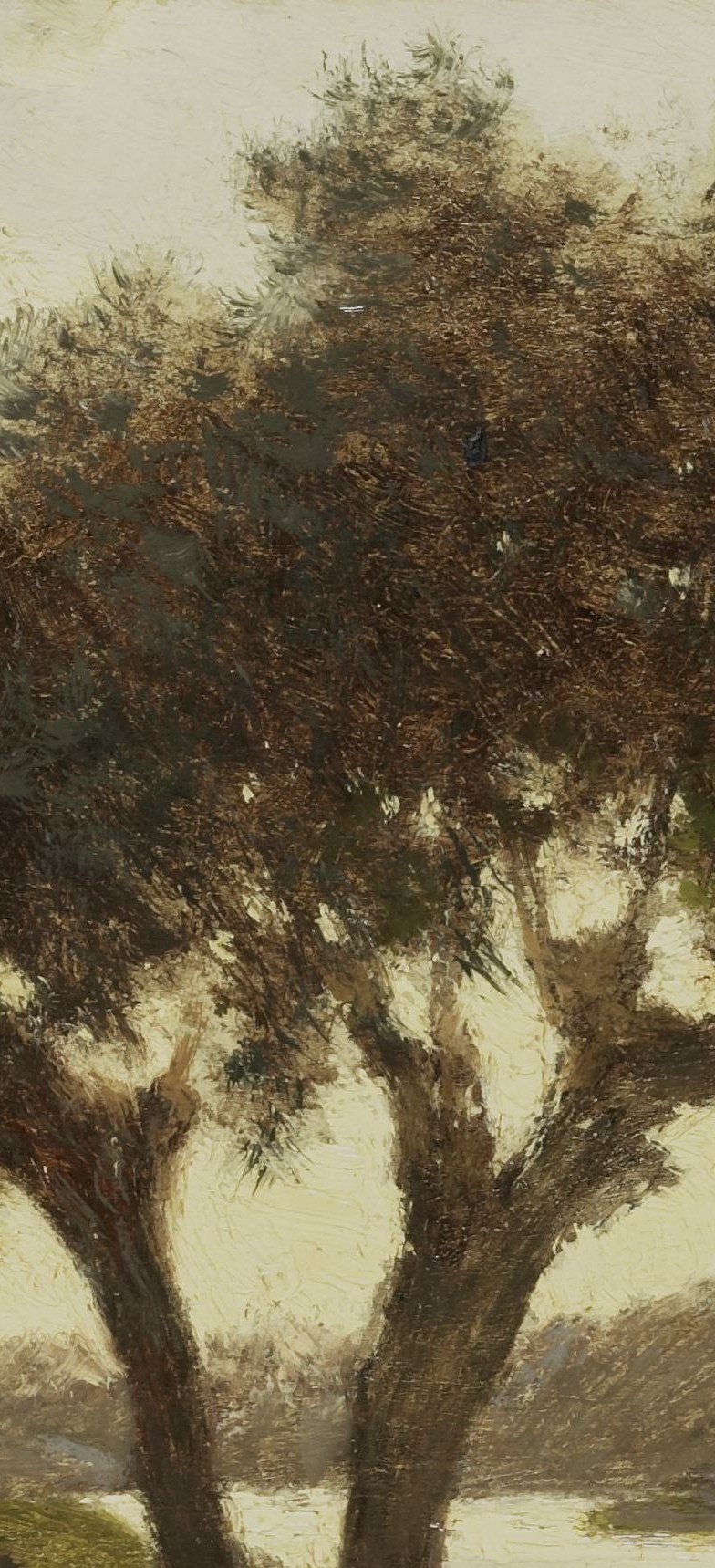 Paired with the left tree to form a natural gateway; together the two trunks give the painting its title and structural identity.