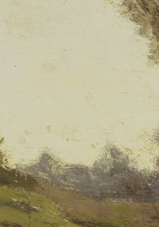The single human presence anchors the composition; the red shawl is the painting's only warm accent, drawing the eye and suggesting a woman in quiet passage through nature.