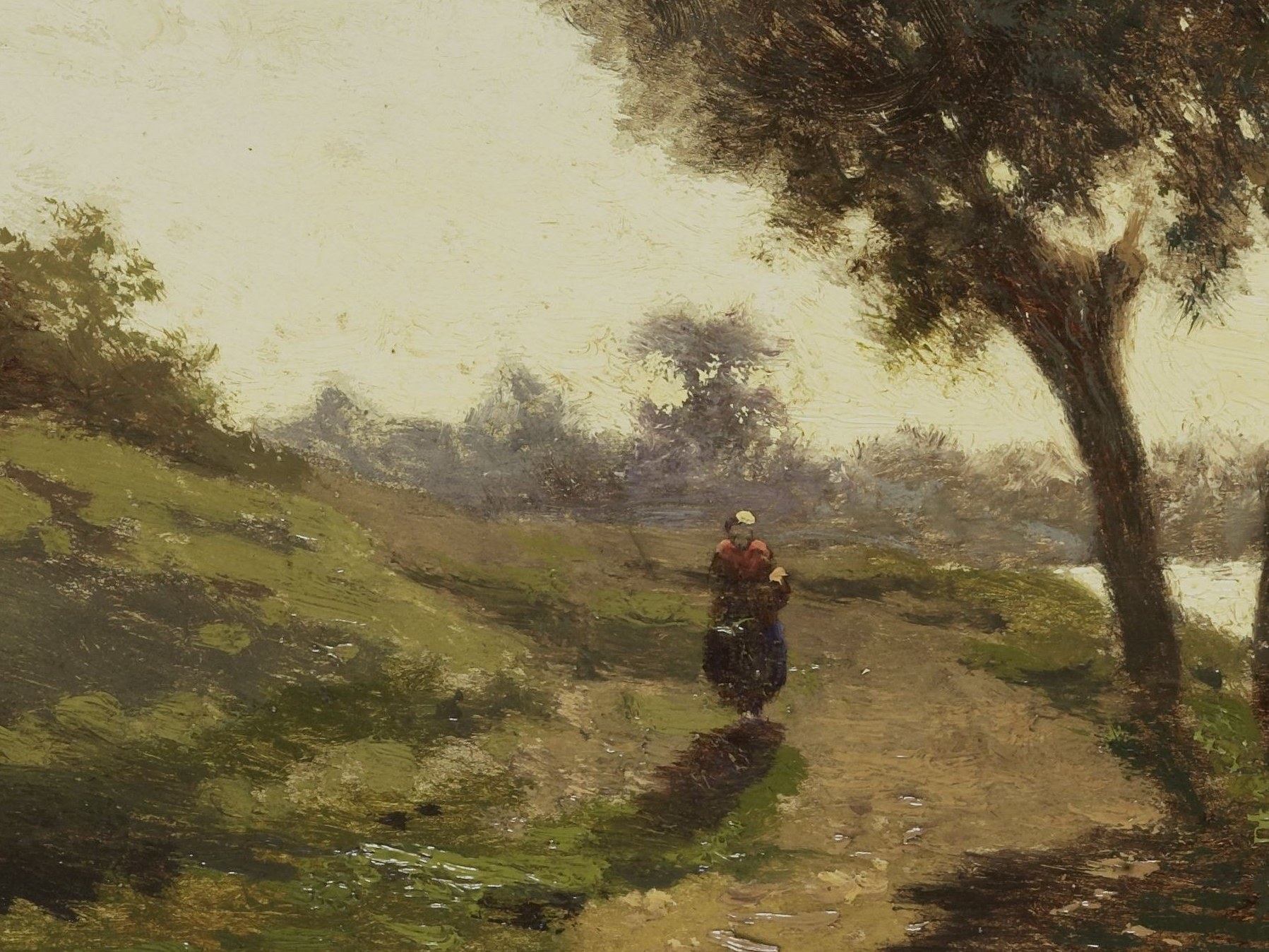 The path's S-curve recession is the compositional spine; it guides the viewer's eye from foreground earth to a luminous vanishing point, embodying the Romantic journey motif.