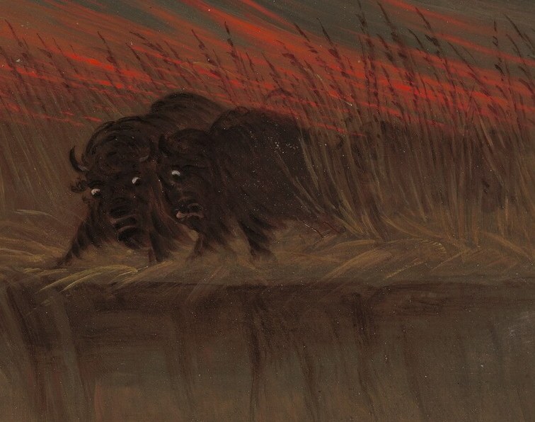 Bison flee in panic. Dogs chase through the chaos.