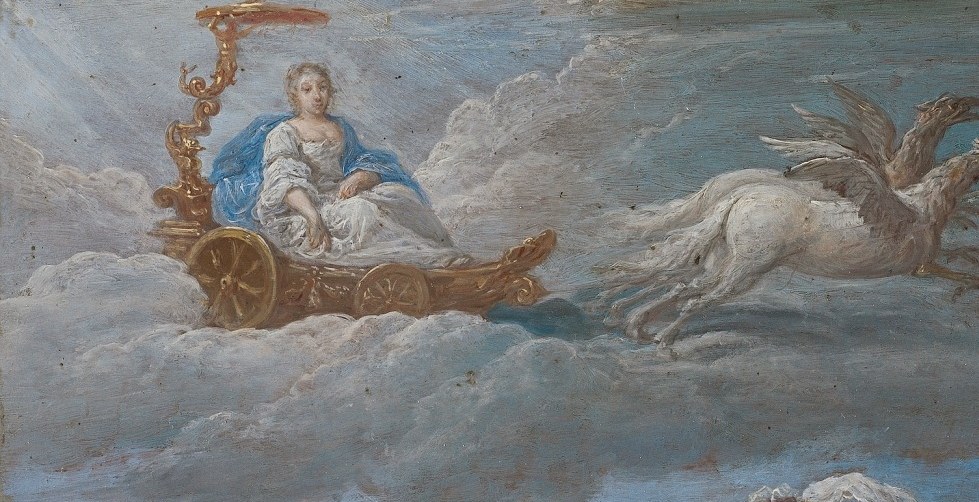Above them, a chariot appears, pulled by a winged horse.
