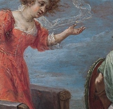 The woman in red directs their attention to the sky.
