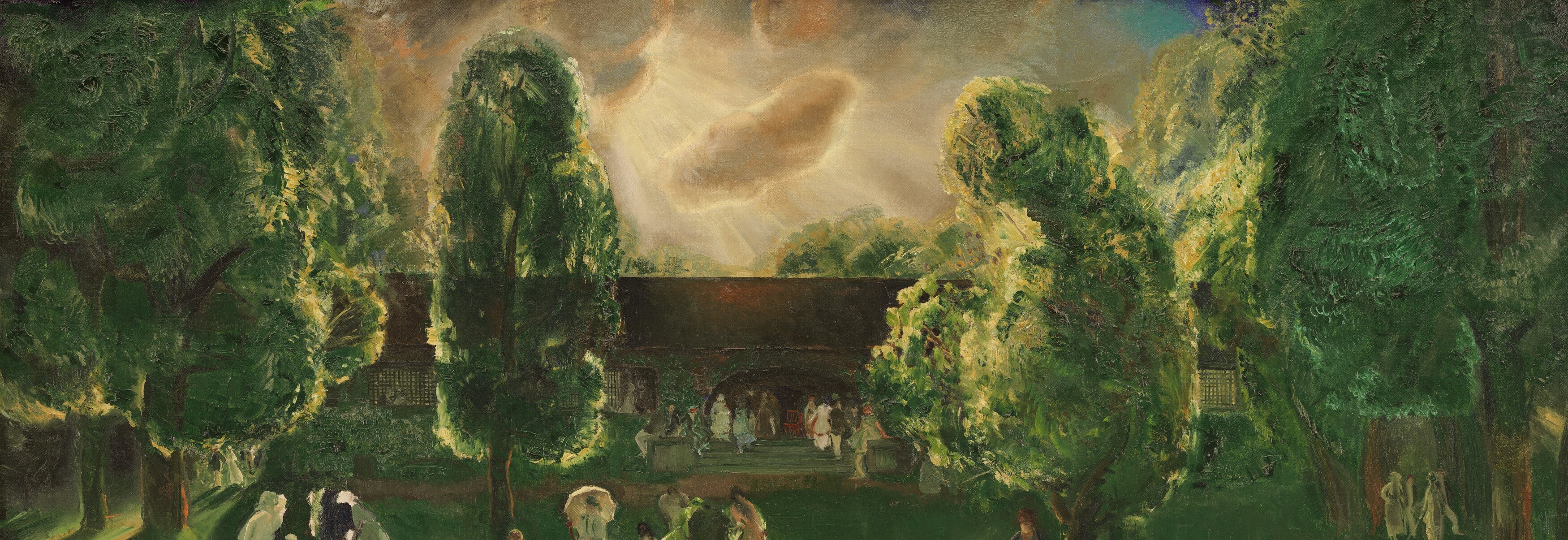 They frame the scene and suggest a park setting, with dappled light filtering through.