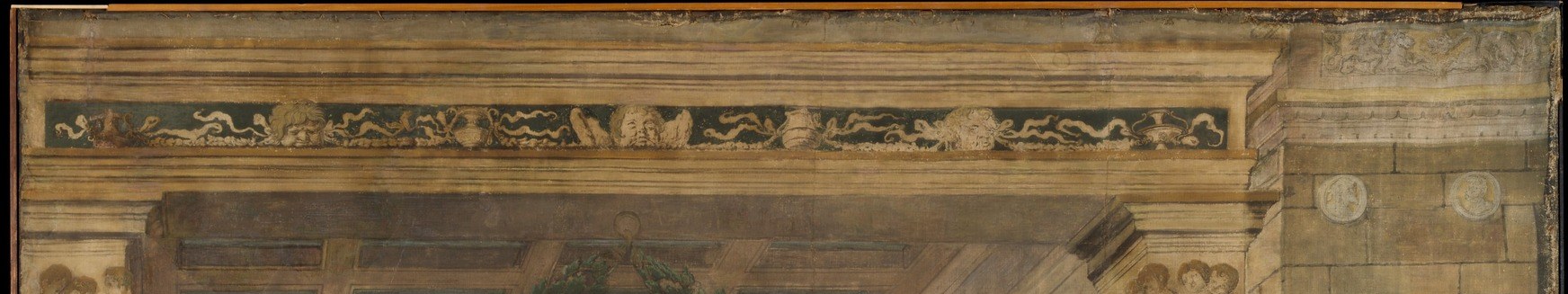 Elaborately painted classical entablature with gilded detail , reading left to right reveals painted relief panels that narrate a secondary visual story above the main scene.