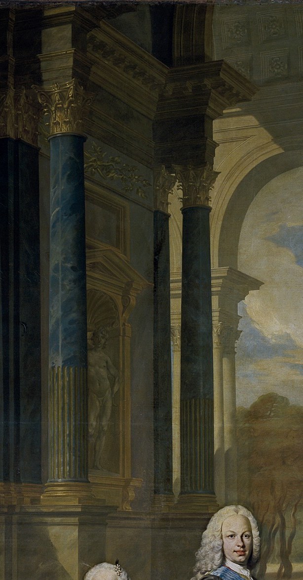 These monumental columns frame the scene, suggesting a classical, palatial setting.