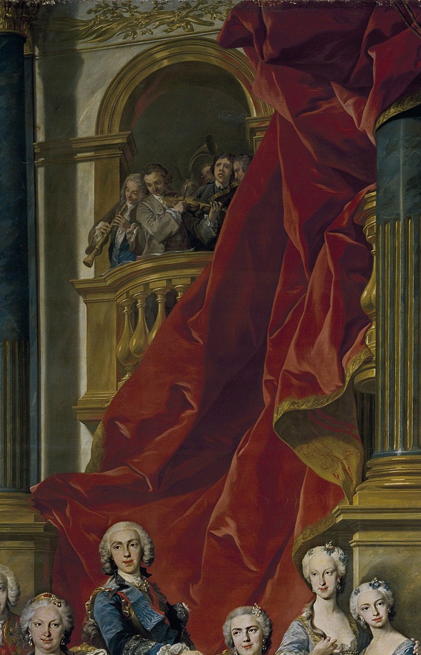 The opulent fabric and dramatic draping create a sense of grandeur and theatricality.