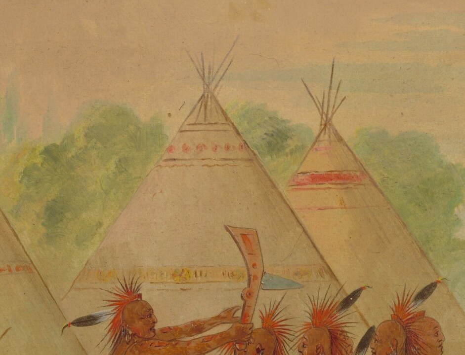 These structures indicate the dwelling place and cultural context of the people depicted, suggesting a nomadic or semi-nomadic lifestyle.