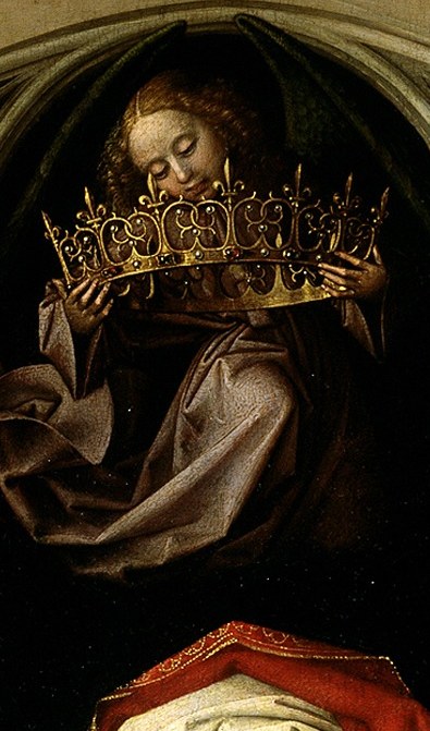 The Virgin Mary is crowned, signifying her Queen of Heaven status.