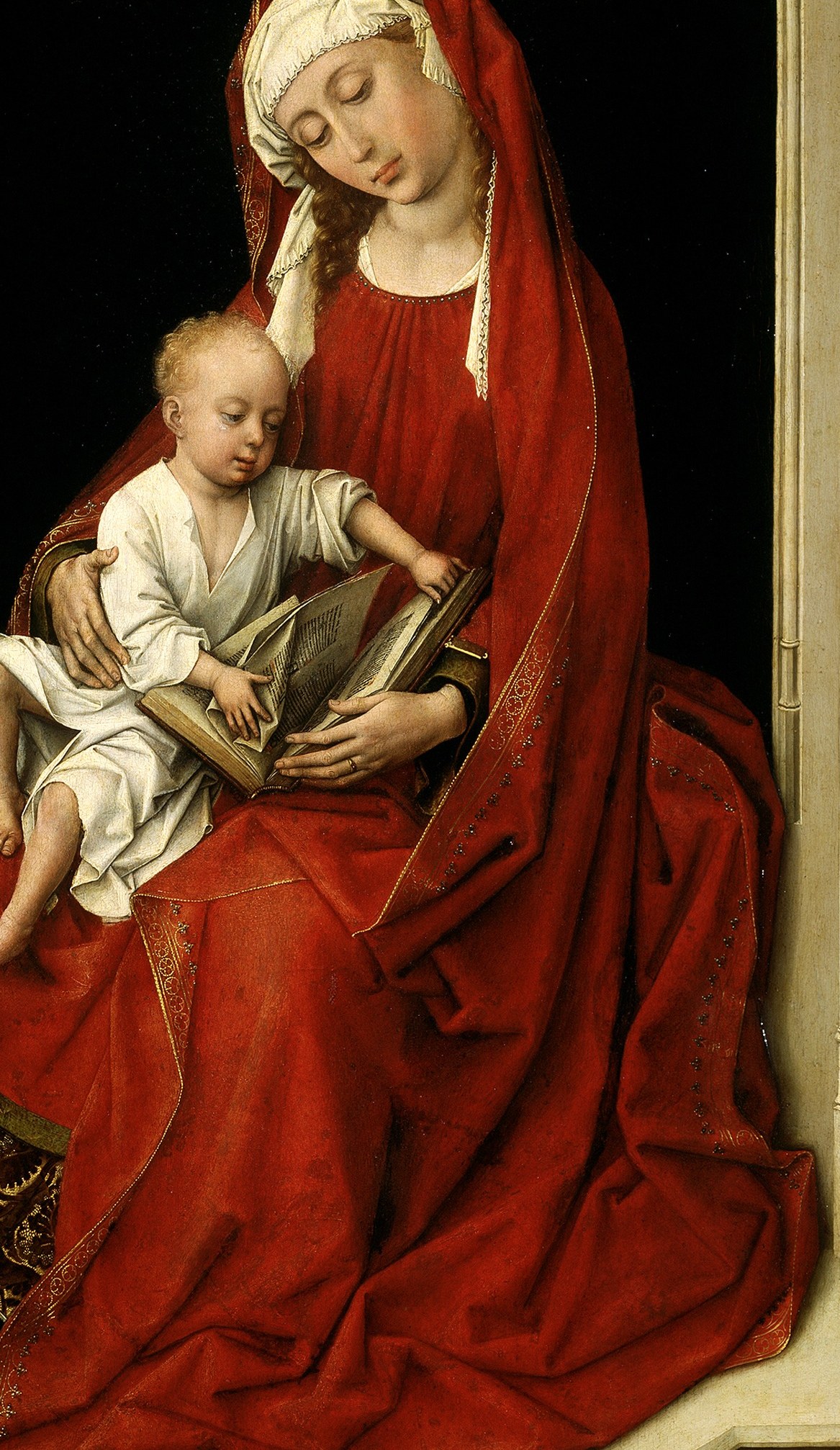 Her rich red robe symbolizes royalty and divine love.