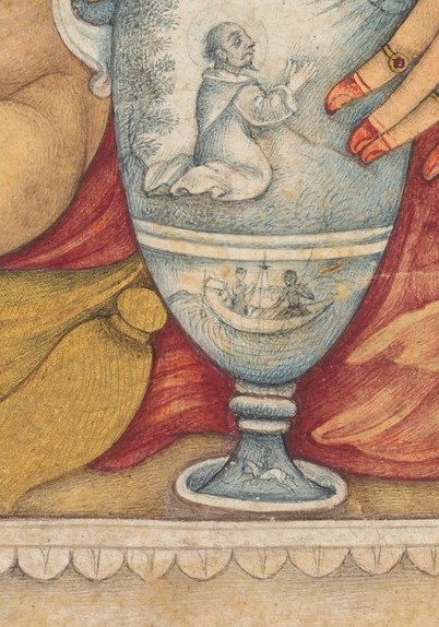Behind them, Joseph offers a vase of brilliant orange flowers.