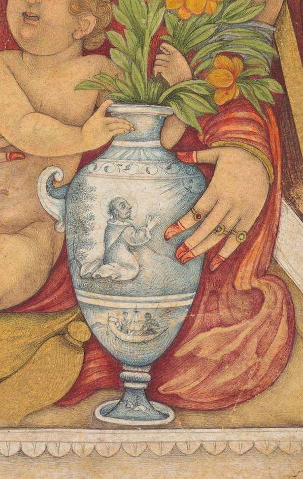 The vase bears what appears to be a low-relief narrative scene, an embedded mini-composition that rewards close inspection; classical vessel form signals learned humanist patronage context.