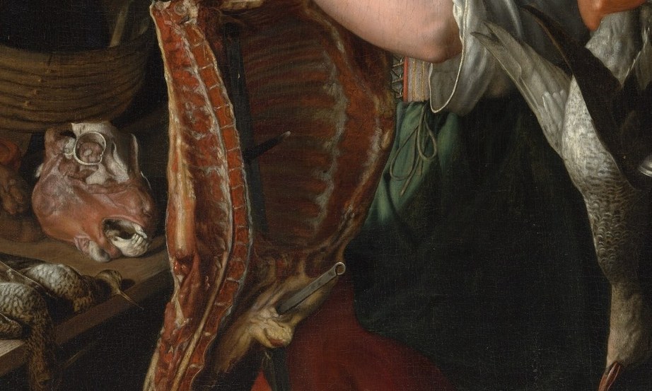 A Vanitas sub-text embedded in genre painting , feathers, limp necks, and dull eyes cluster at the compositional heart of the table.