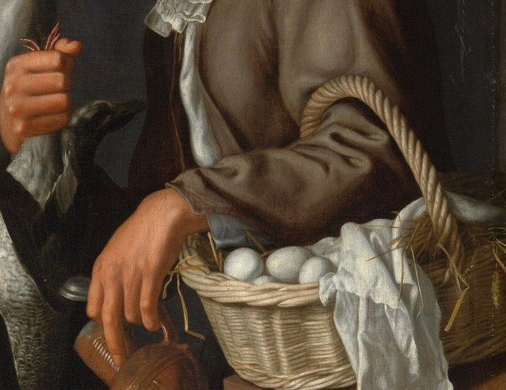 The precisely rendered basket weave and white eggs are a set-piece of Dutch technique; eggs symbolise fragility and new life amid the surrounding butchery.
