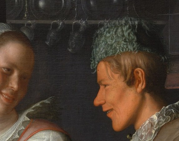 His slightly open mouth and forward lean read as flirtation or playful bargaining , the tension between the two figures lives here.