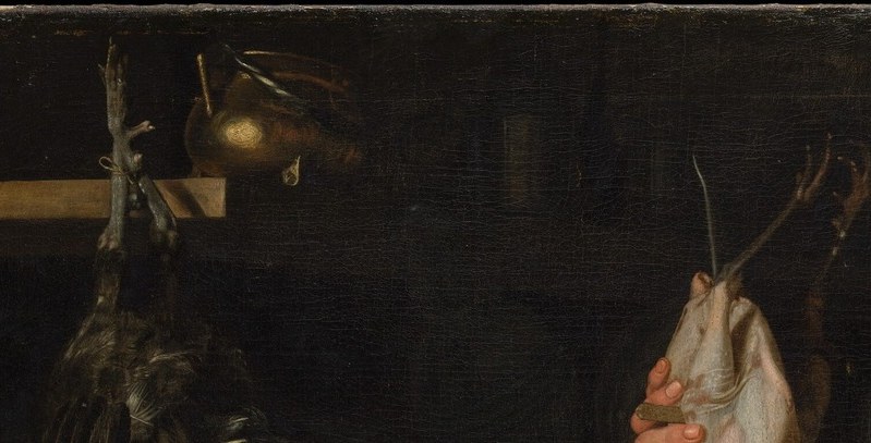 The triumphant upward display of the freshly-killed bird is the painting's visual climax , a trophy gesture that simultaneously signals abundance and mortality.