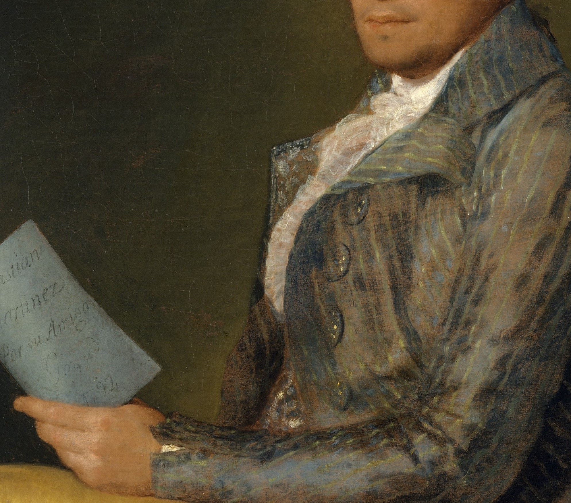 The cool blue dominates the palette and shows Goya's bravura fabric rendering , subtle sheen differentiates the weave from the white stock beneath, demonstrating his eye for material texture.