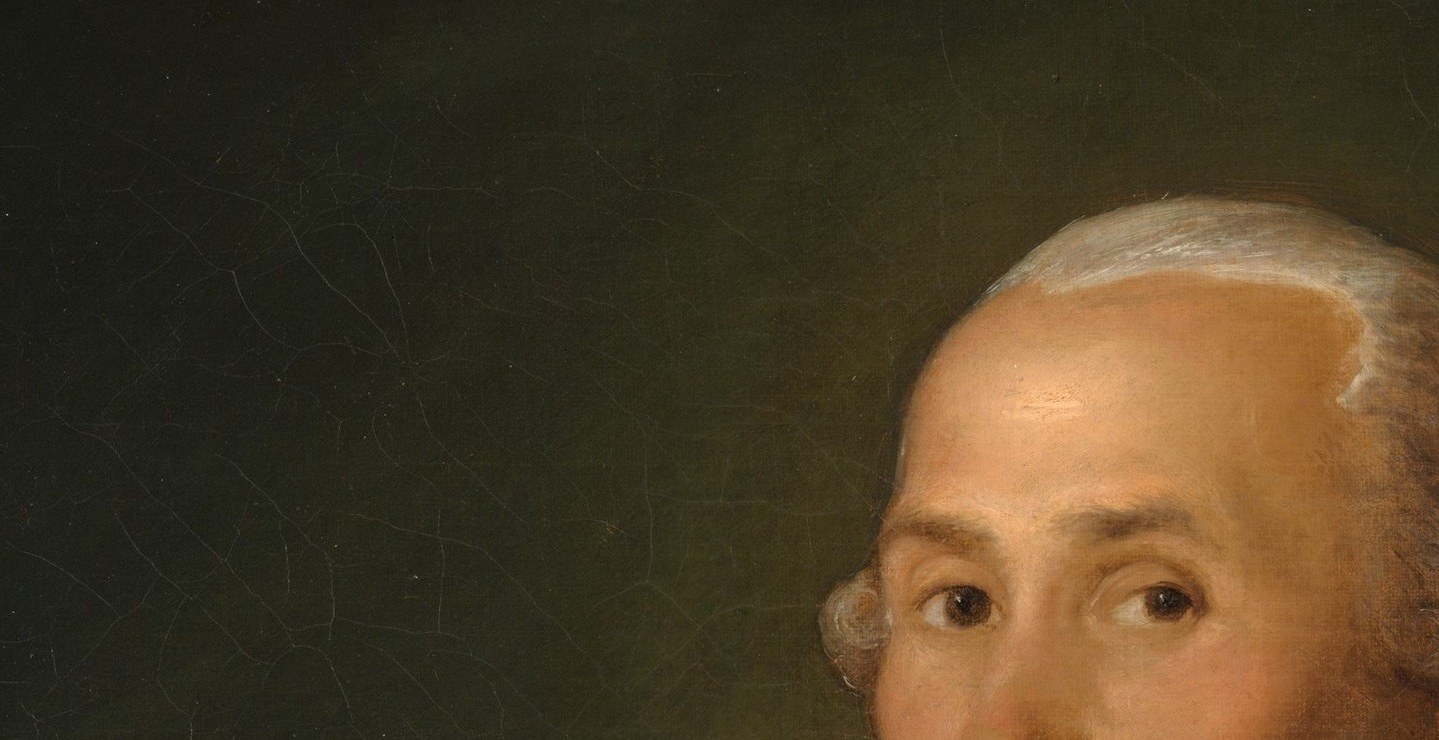 The wig signals Enlightenment-era taste and cosmopolitan identity; its soft white contrasts with the dark background, framing the face like a halo of social aspiration.