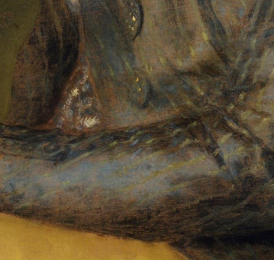 Goya paints the hand with loose, confident brushwork; the grip is relaxed yet purposeful, projecting ease and authority rather than tension.