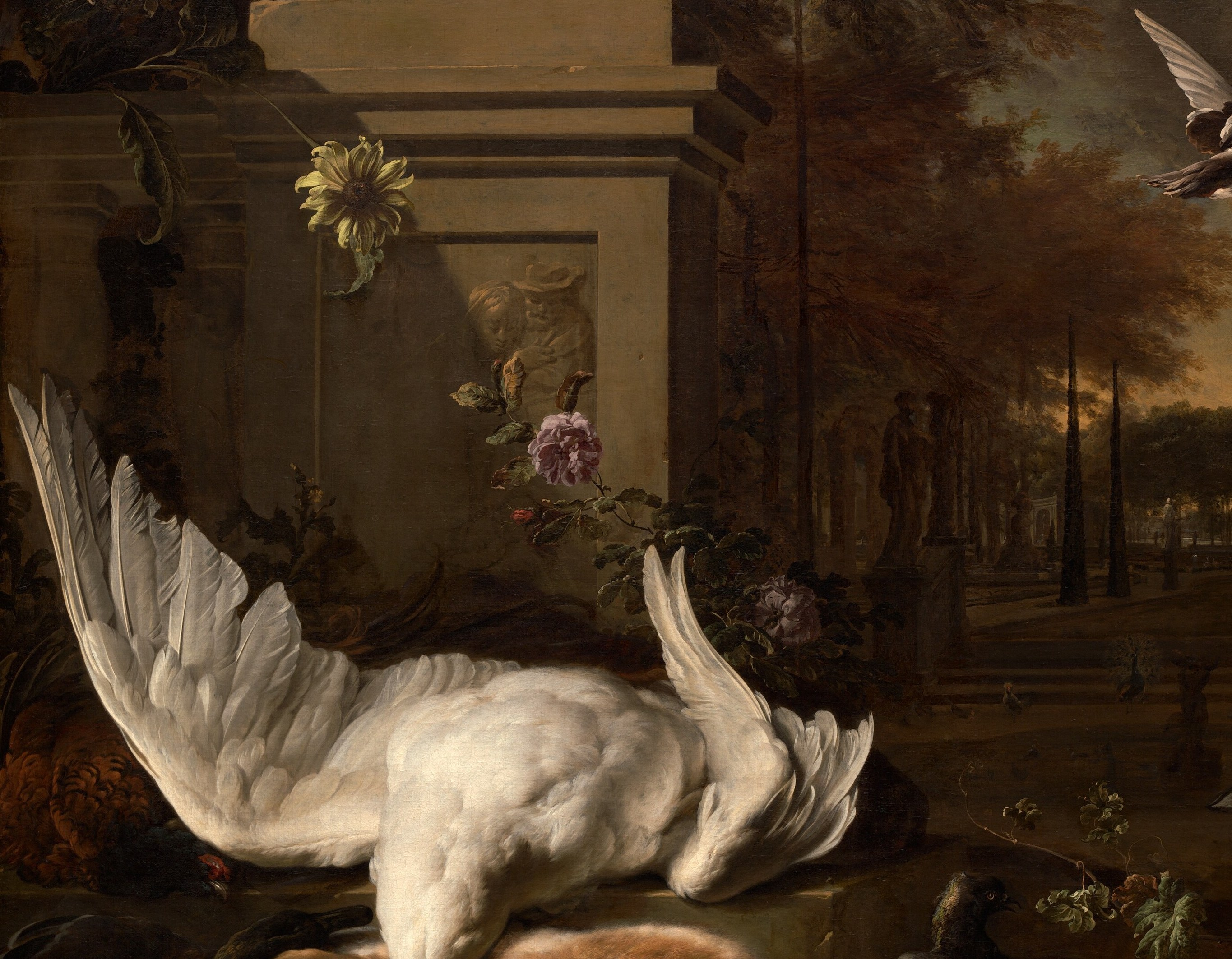 The compositional anchor , its luminous white plumage dominates the canvas and demonstrates Weenix's virtuoso handling of feather texture against dark background
