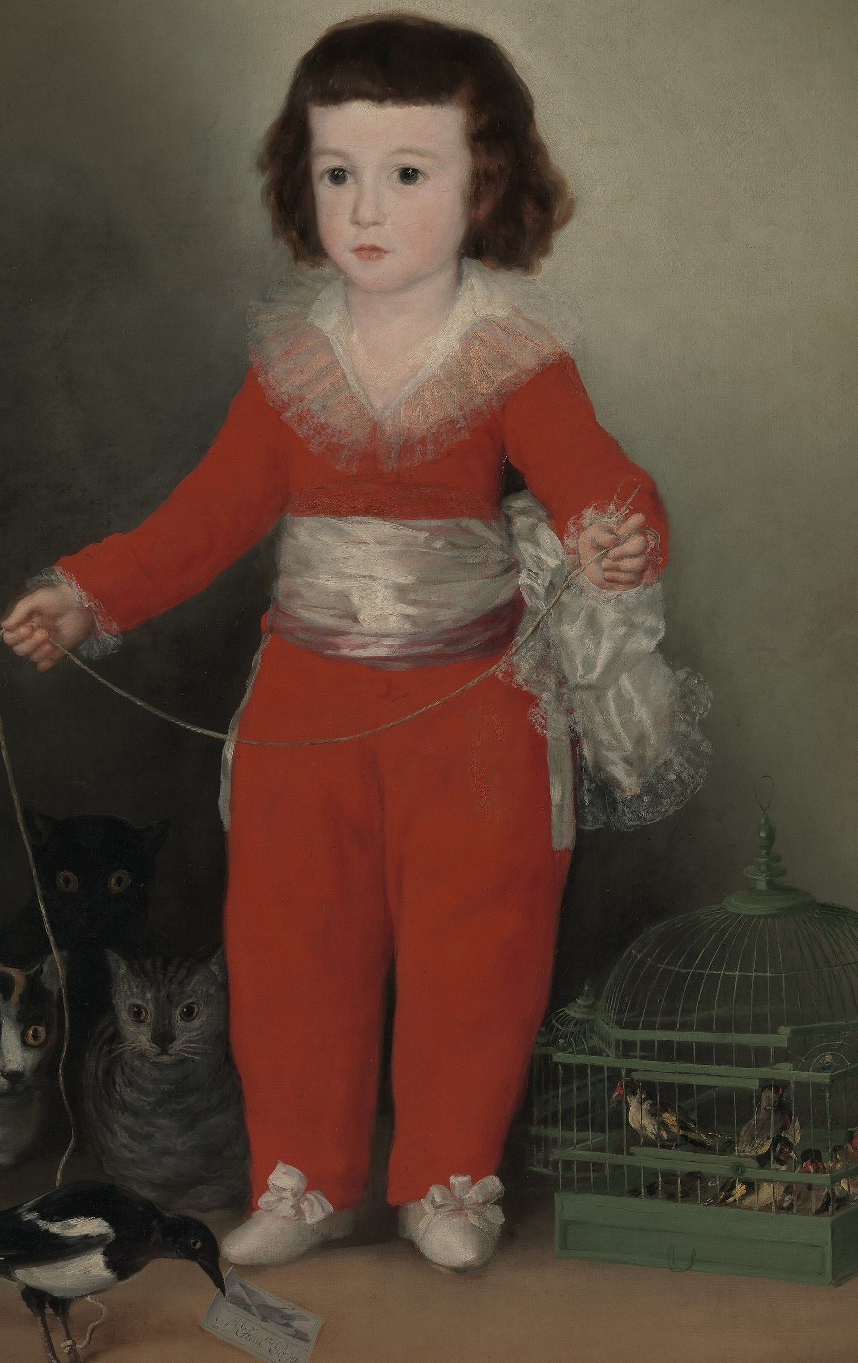 The blazing crimson against the neutral ground is Goya's deliberate staging of aristocratic display , the color announces rank before anything else does
