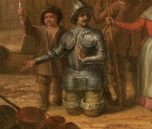 The armored figure is Don Quixote, from the famous novel.