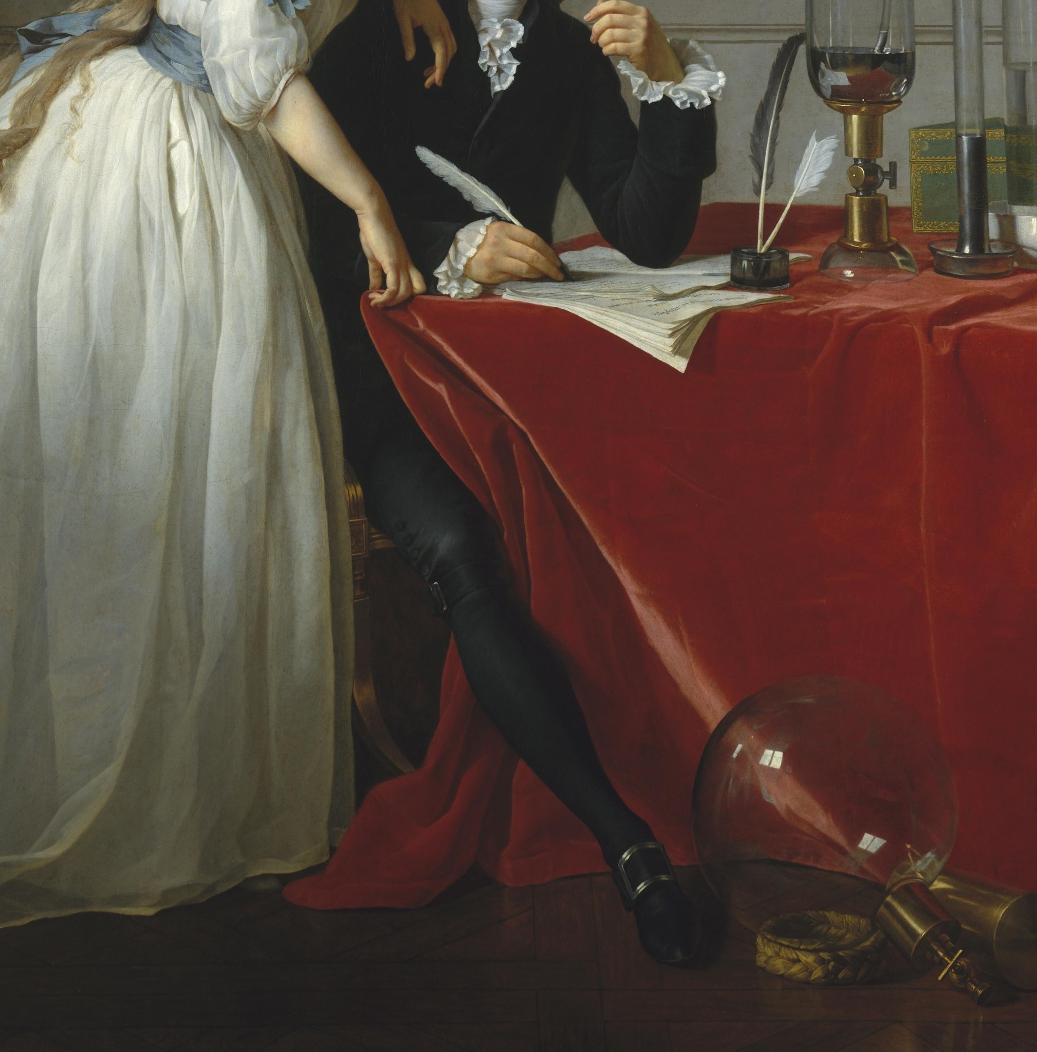 The saturated red anchors the lower half of the composition and was a deliberate status marker , luxury fabric displayed in a working laboratory collapses the boundary between salon and science.