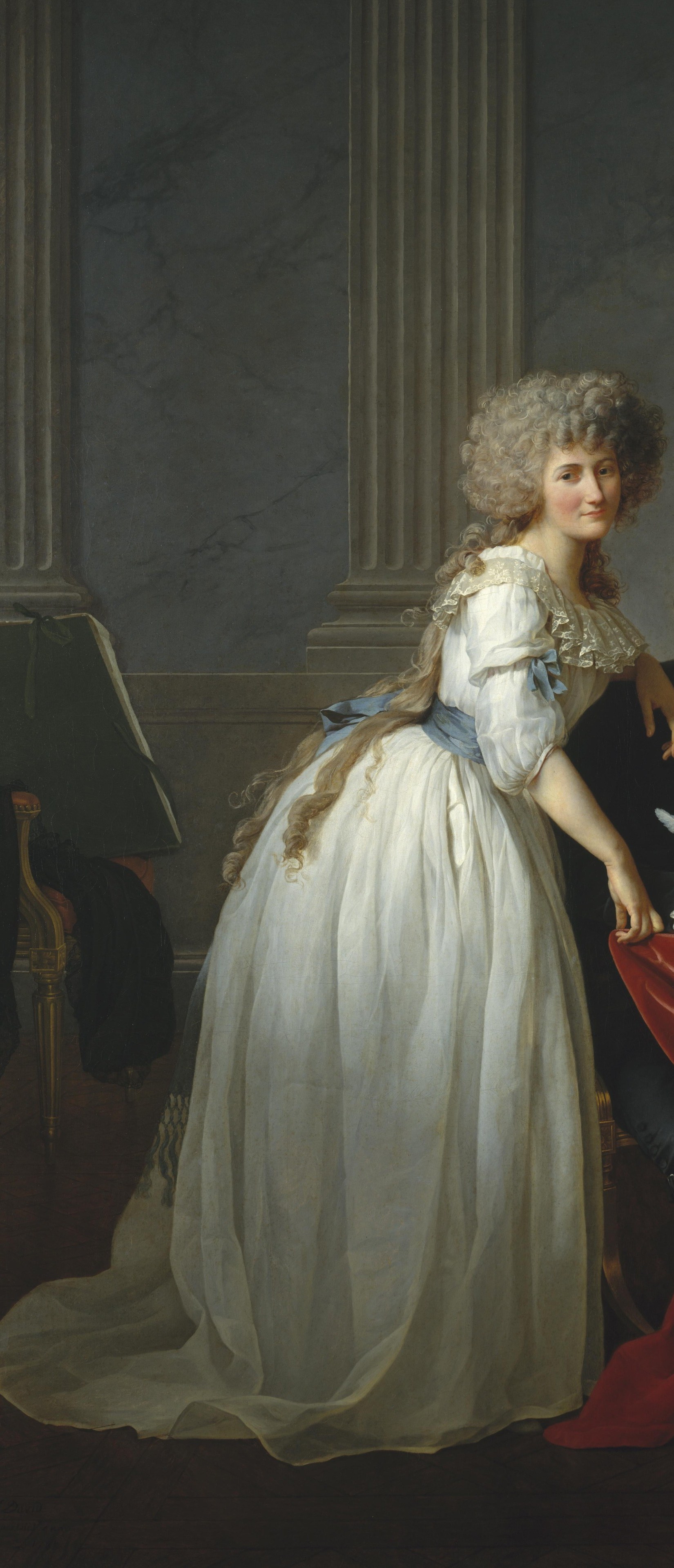 David renders the silk with technical bravura , the dress is the brightest object in the painting and functions as a compositional beacon, demonstrating his mastery of white-on-white tonal gradation.