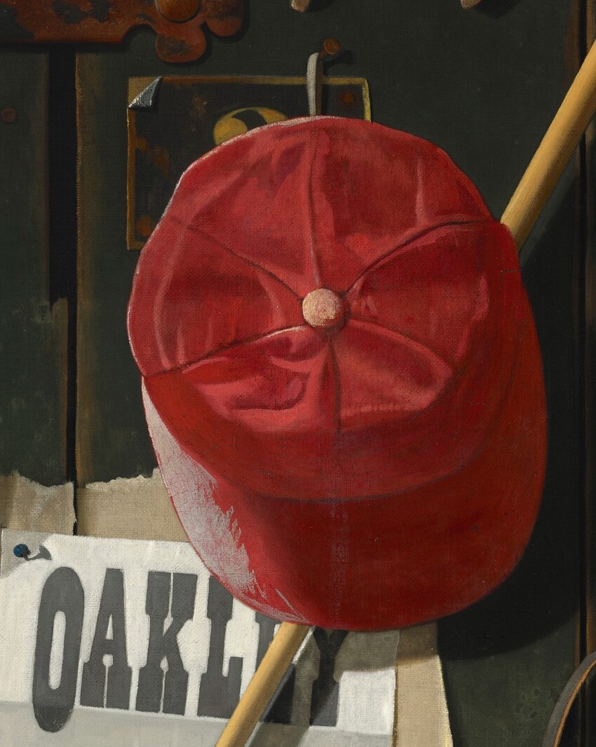 A red jockey cap, a horse's bridle, a lucky horseshoe.