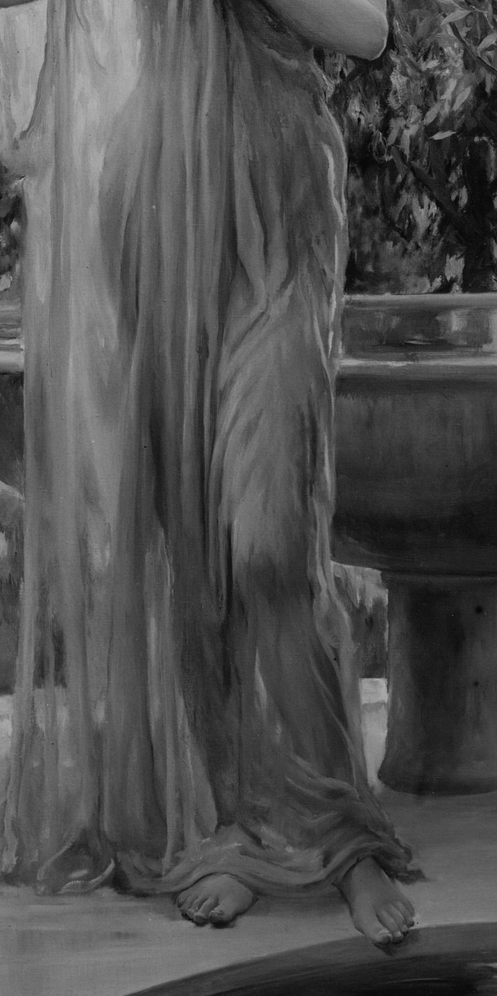 Cascading folds describe the figure beneath with minimal detail, a strategy drawn from Hellenistic sculpture; the cloth anchors the mythological register.