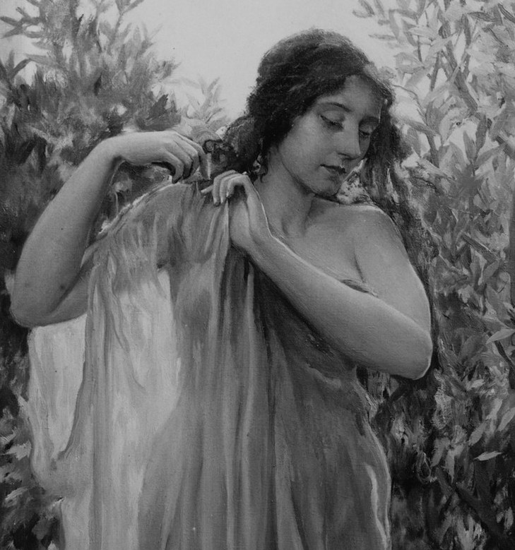 Her hands lift a veil that barely exists.
