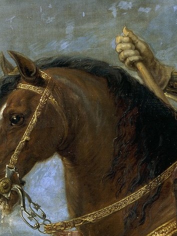 The horse's alert head and pricked ears show its power and readiness, mirroring the rider's command.