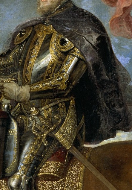 His ornate armor and sword highlight his martial authority.