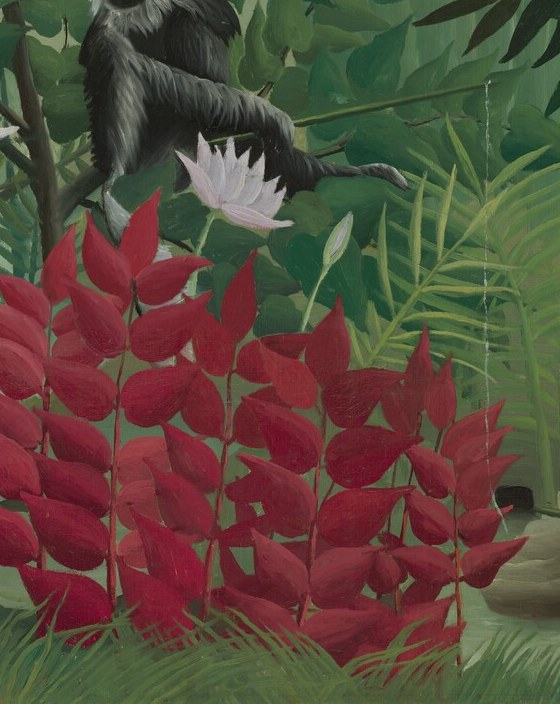 The dominant primate anchor of the composition; its stillness amid the dense foliage creates a focal gravity that draws the eye and invites the question of who is watching whom