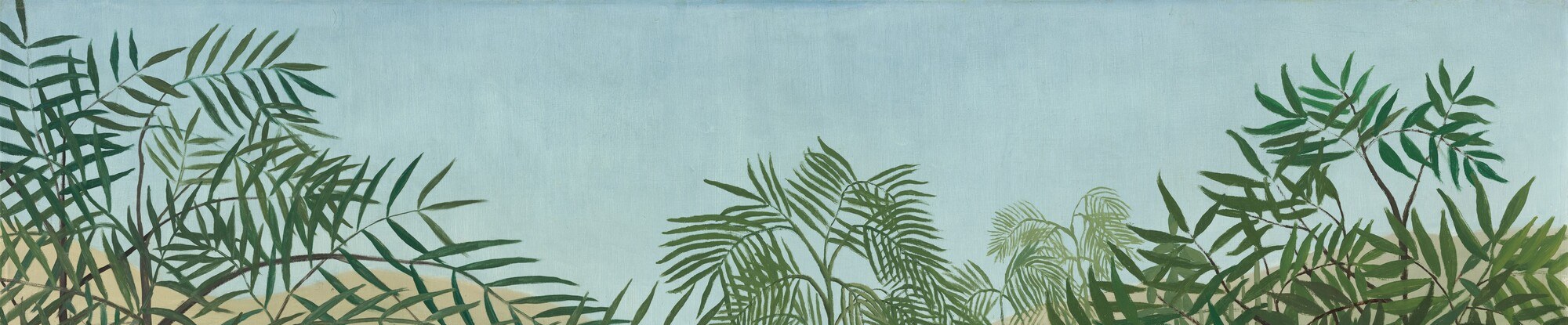Rousseau's signature flat-tapestry foliage technique; dozens of individually outlined leaves stack without spatial recession, collapsing depth into pure pattern