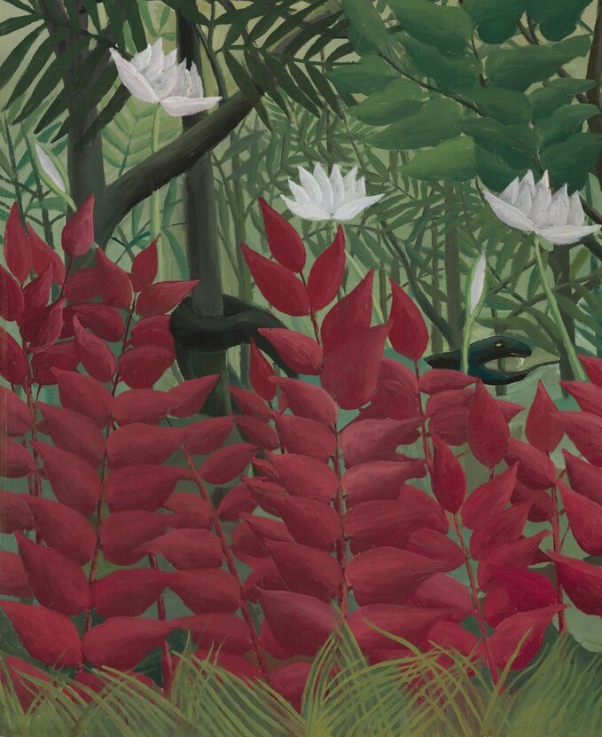 The single most saturated colour passage; the flat, almost paper-cut red reads as pure decorative intensity and is characteristic of Rousseau's non-naturalistic palette