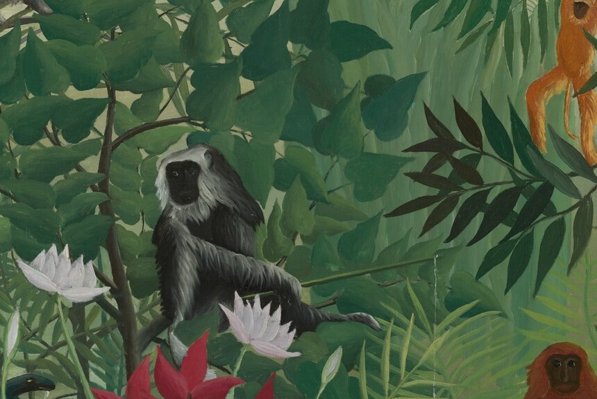 Rousseau renders each frond individually with near-obsessive repetition; the pattern-making reveals an outsider artist's love of decorative seriality over painterly looseness