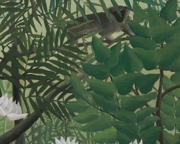 Punctuate the green with light; their symmetrical, stylised form emphasises Rousseau's untrained botanical imagination rather than scientific observation