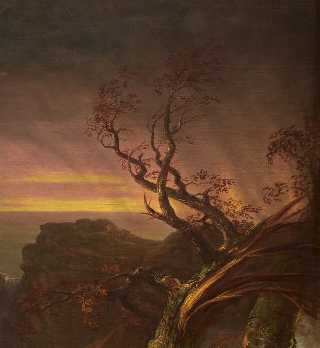 A signature Cole symbol: dead or skeletal trees mark mortality and the passage of vitality; this one's bare branches claw at the stormy sky