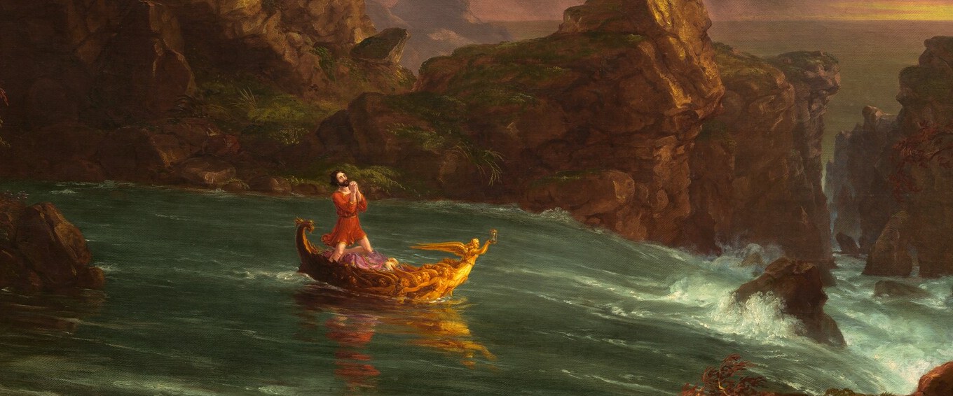 The rushing violent water contrasts sharply with the placid river of the Youth panel; the speed and chaos represent midlife crisis and loss of control