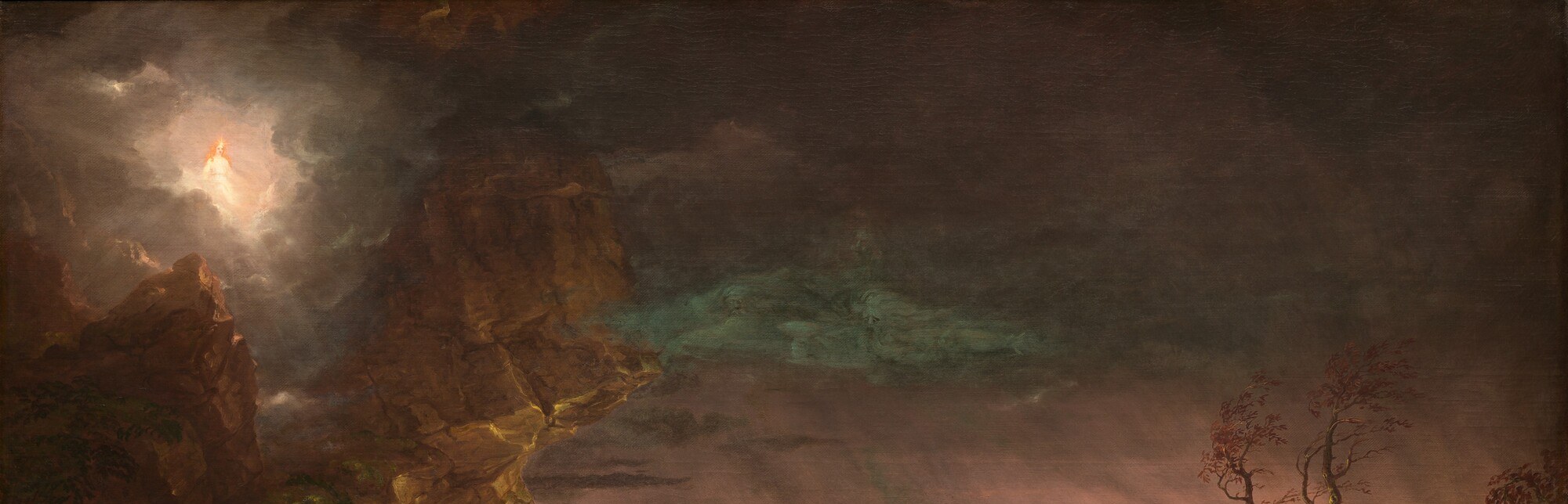 Cole uses the entire upper register as a weather system of menace, pressing down on the figure , a painterly expression of psychological weight