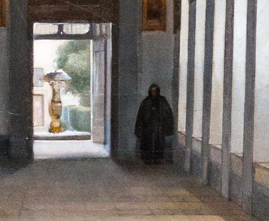 Sunlight streams from a distant courtyard, illuminating the path.