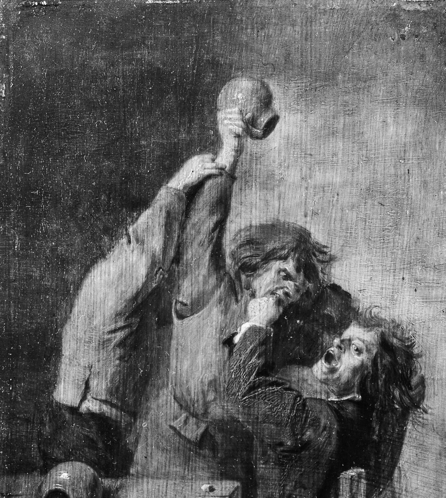 The single-source theatrical lighting is the dominant technique passage , it sculpts both faces and creates the dramatic hierarchy between the raised arm at the peak and the cowering figure below.