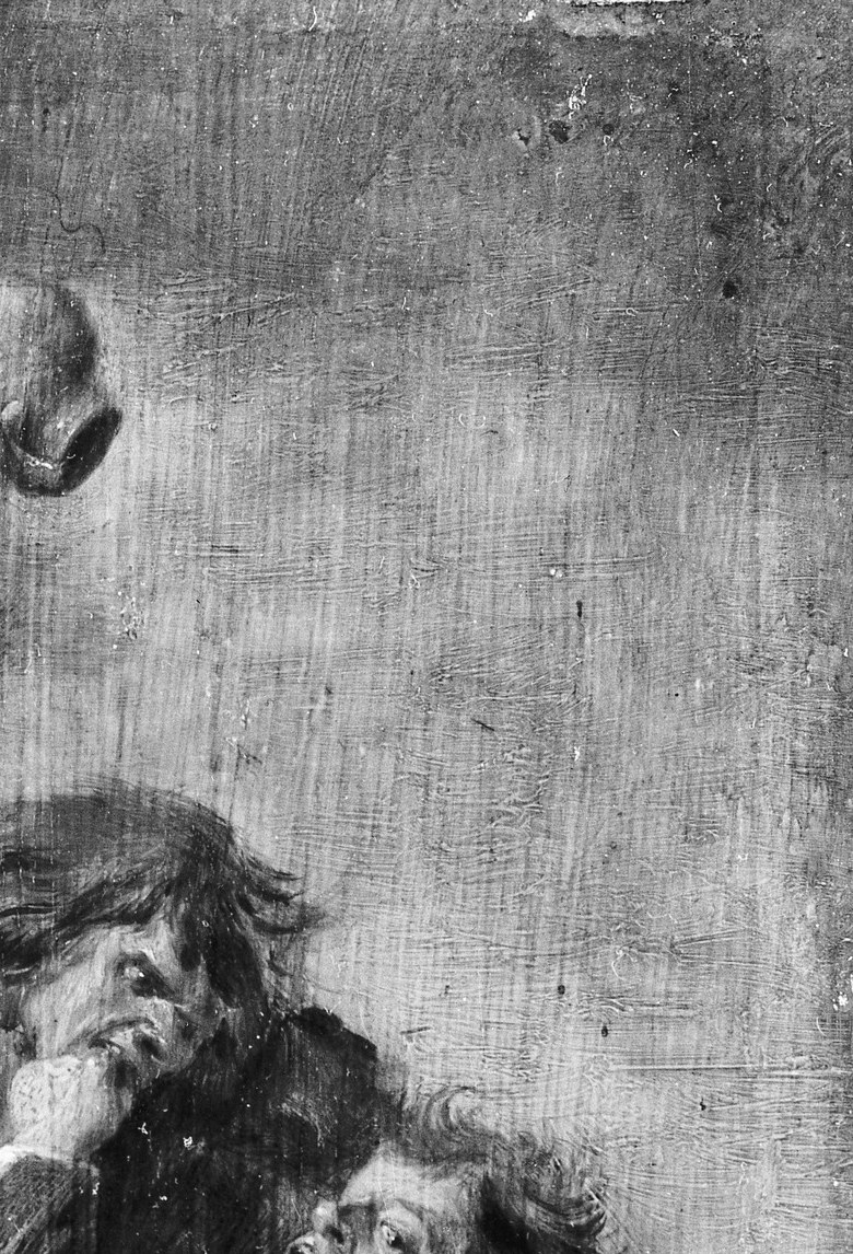 Brouwer's use of Caravaggesque chiaroscuro , not a background but an absence that makes the lit figures feel isolated and exposed, intensifying the confrontation's psychological pressure.