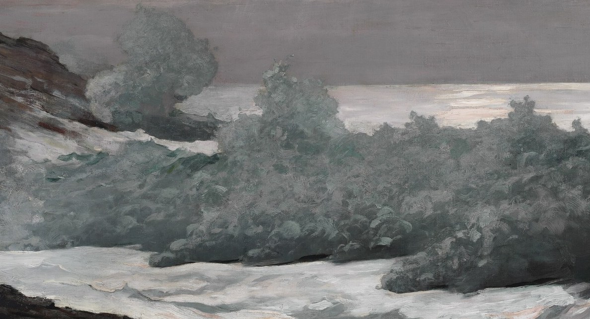 The compositional heart of the painting , a wall of green-gray water in mid-collapse, its translucent face catching the pale post-storm light and revealing Homer's mastery of depicting water in motion