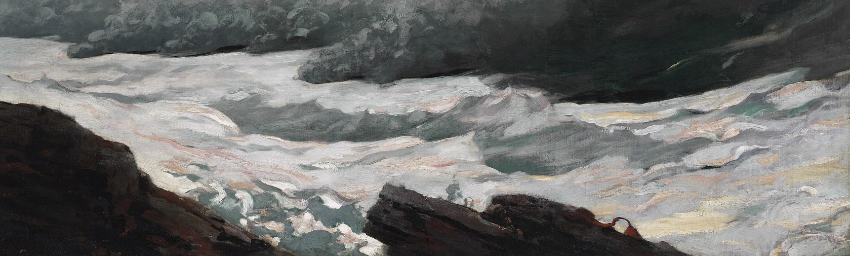 The heavily worked lower third where multiple wave collisions create chaotic surface texture; Homer's varied strokes here , some thick, some scraped , form an almost abstract field of energy